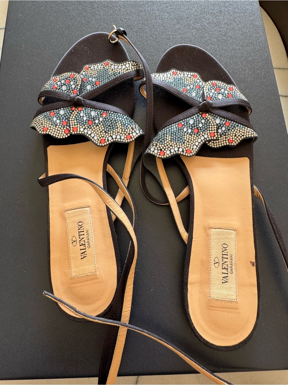 Valentino Garavani Black Butterfly Crystal Strap Sandals with Red Accents